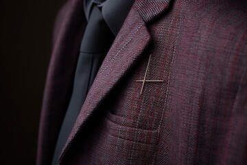 Golden cross lapel pin displayed on a burgundy suit jacket, adding a touch of elegance and faith to a businessman's attire