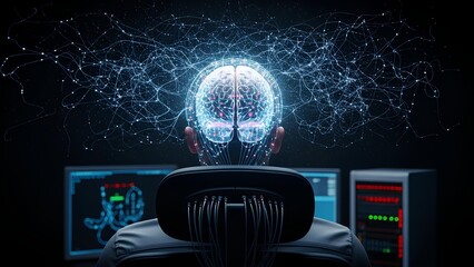 Fusing human intellect with advanced artificial intelligence, a glowing digital brain network illustrates complex data processing and innovative technology