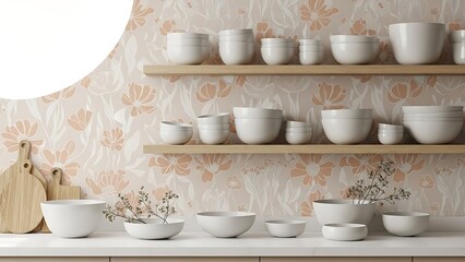 White ceramic bowls displayed on wooden shelves against a soft floral patterned kitchen wallpaper background