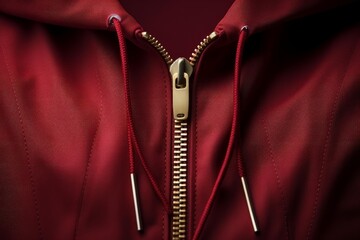 Close up of a partially zipped red hooded garment showcasing a golden zipper and red drawstrings with metallic aglets