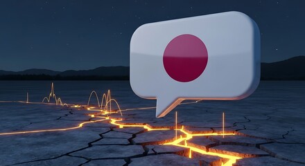 Japan Flag Speech Bubble on Cracked Ground with Glowing Energy, Symbolizing Global Issues, Communication Crisis, and Economic Challenges