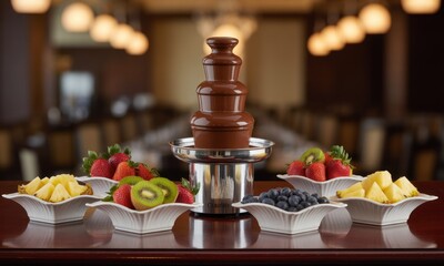 Chocolate fountain with fresh fruit. A chocolate fountain sits on a polished wooden surface, surrounded by small bowls of fresh fruit including strawberries, kiwi, pineapple, and blueberries