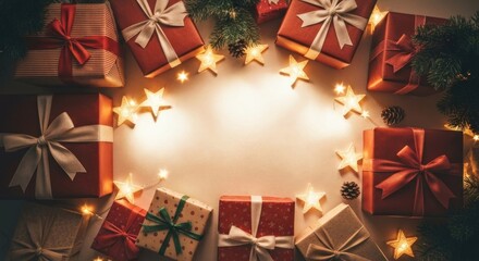 Christmas presents and lights frame a blank space.