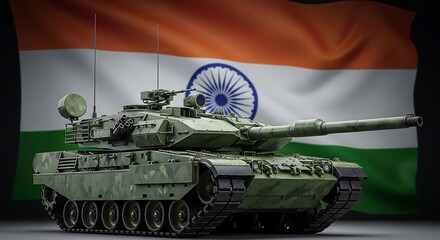 Indian Army Main Battle Tank with National Flag Background Symbolizing Military Strength and Defense