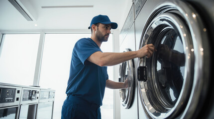 Laundry technician in blue uniform using washing machine in bright space, showcasing professional cleaning process with sleek equipment and spacious environment