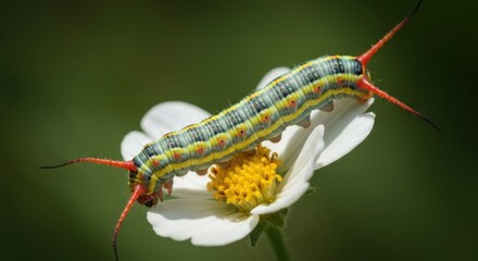 Close-up of a colorful caterpillar on a white flower