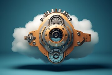 Intricate engine generating a cloud, symbolizing cloud computing power and advanced technology