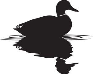 Silhouette of a duck swimming on a calm water surface with ripples