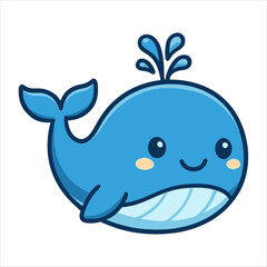 Charming cartoon illustration of a friendly blue whale gracefully spouting water with a delightful, happy smile, perfect for engaging children's designs and marine-themed projects