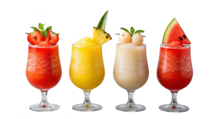 Four colorful frozen cocktails with fruit garnishes on a transparent background