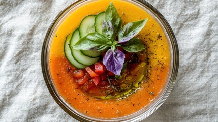 Gourmet heirloom tomato gazpacho in glass bowl with cucumber slices diced tomatoes purple basil leaves herbed oil drizzle overhead shot premium restaurant presentation