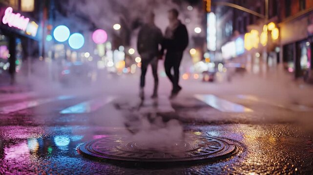 Nighttime city scene with steam rising from a manhole cover and people walking.