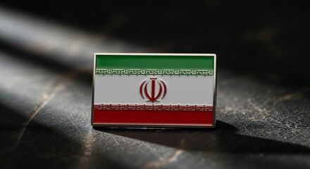 Metallic Enamel Badge of the Iranian Flag on Dark Textured Background, a National Symbol of Iran