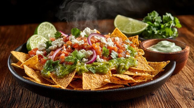 Chilaquiles verde gourmet Mexican restaurant dish with crispy tortilla chips in vibrant tomatillo salsa topped with queso fresco, red onions and fresh cilantro