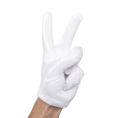 Man in cloth glove showing v-sign on white background, closeup