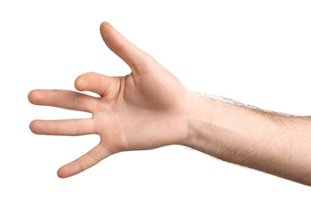Man gesturing on white background, closeup view