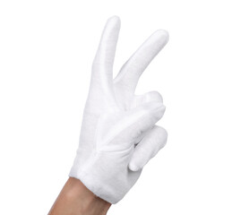 Man in cloth glove showing v-sign on white background, closeup