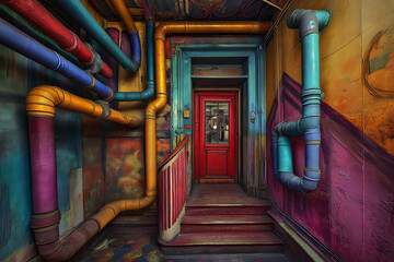 Colorful elevator and pipes