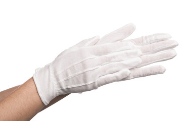 Woman in cloth gloves on white background, closeup