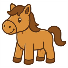 Cartoon Horse with Brown Mane and Tail Smiling with Dark Brown Outline.