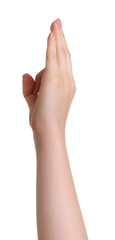 Obraz premium Woman showing okay gesture on white background, closeup