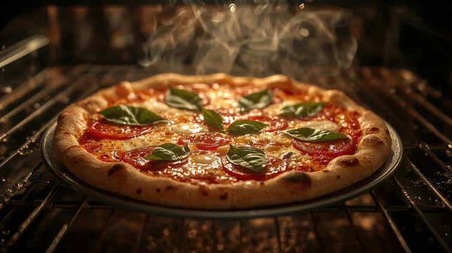 Pizza fumante in forno con mozzarella fusa, salsa di pomodoro e foglie di basilico. Generative AI