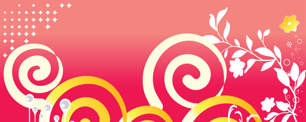 Bright pink background with yellow and white spiral shapes and delicate white floral elements, perfect for a whimsical and cheerful design