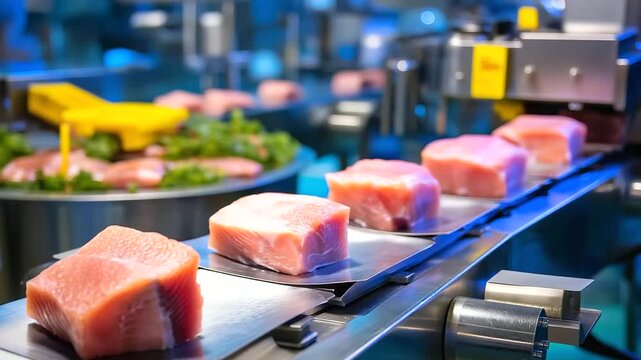 Fresh fish moving continuously along conveyor belt at modern seafood processing plant, automated industrial production line, stainless steel machinery, efficient factory system, wi