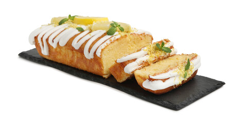 Delicious lemon cake with glaze, fresh fruit slices and mint isolated on white