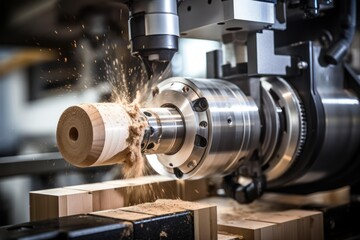 Fototapeta premium Modern woodworking cnc machine shaping cylindrical wooden piece, generating flying sawdust and demonstrating advanced manufacturing process