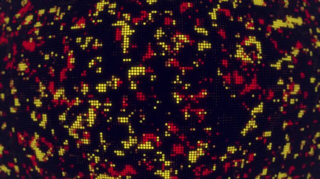 Futuristic digital technology blinking dots loop motion background. Hi-tech motion graphic background with yellow and red flickering dots on dark blue background
