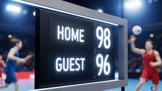 Close-up of a digital scoreboard showing a tight 98-96 score during a dynamic volleyball game.