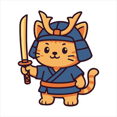 Cartoon orange tabby cat samurai warrior with blue armor and katana.