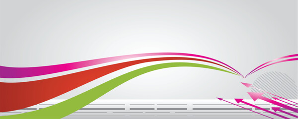 Dynamic abstract background with colorful flowing waves in red magenta and green vibrant arrows moving upwards and subtle geometric patterns modern digital design