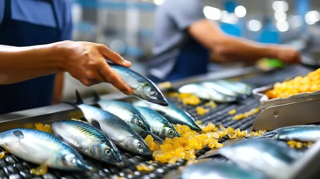 Fish processing in seafood factory with faceless workers handling freshly caught fish on moving conveyor belt, industrial production line, efficient factory operations, with copy s
