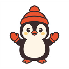 Cartoon Penguin with Orange Hat and Mittens Raising Arms in Joy.