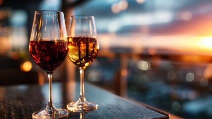 Two glasses filled with refreshing beverages stand elegantly against a backdrop of a vibrant sunset, blending the essence of relaxation with the beauty of nature.