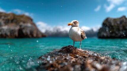 A striking image of a seagull standing on a rock in crystal-clear water, framed by mountains, highlighting the beauty of nature and the wild, free spirit of its inhabitants.
