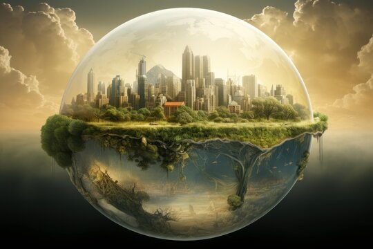 Surreal image of a floating city enclosed in a crystal ball, mirroring a parallel world beneath, creating a captivating juxtaposition of urban and natural elements