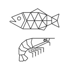Geometric line art illustration of a stylized fish and a shrimp isolated on white background