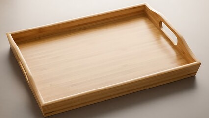 Fototapeta premium Rectangular wooden serving tray with built-in handles, light brown finish