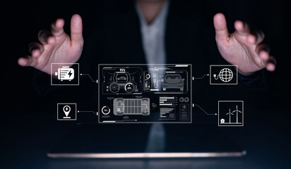 Smart interface showing electric vehicle performance, battery system, power control, charging status, and integration with renewable and grid-based energy sources Latch