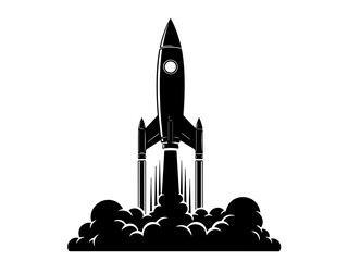 A black silhouette of a rocket launching upwards, emitting smoke and fire from its base, against a white background.