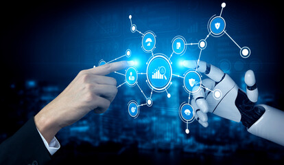 A human hand and a robotic hand are reaching towards each other in a digital interface. This image symbolizes the collaboration between technology and humanity, highlighting innovation. Tessel