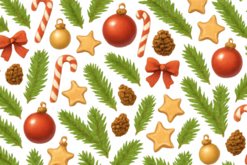 Christmas holiday seamless pattern featuring candy canes, pine branches, bows, baubles, and gingerbread stars on transparent background