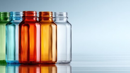 An artistic arrangement of colorful plastic bottles in various hues on a reflective surface, showcasing modern design, sustainability, and the vibrant aspects of recycled materials.