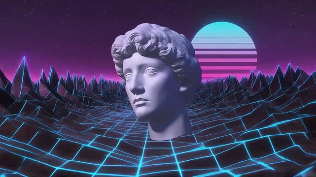 Retro surreal sculpture head floating above synthwave landscape
