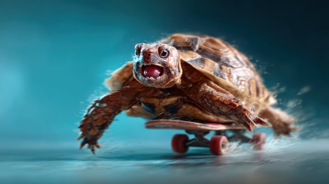 A turtle performing an impressive skateboard trick, splashing water around it in a whimsical and vibrant moment, showcasing the joy of speed and fun in an unexpected scenario. - Powered by Adobe