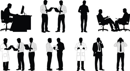Professional business people, doctors, and office workers silhouettes, diverse occupations, teamwork, consultation, corporate environment, medical staff, 