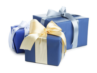 Beautiful gift boxes with bows isolated on white
